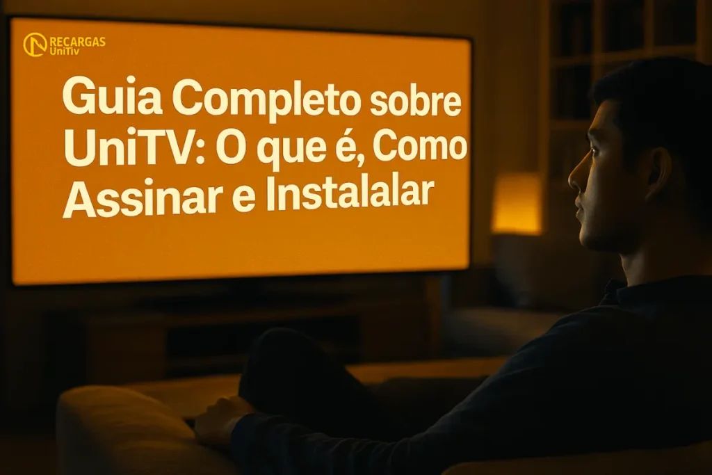 Pessoa sentada em um sofá em um ambiente escuro, assistindo a uma TV que exibe o texto "Guia Completo sobre UniTV: O que é, Como Assinar e Instalar" em português.