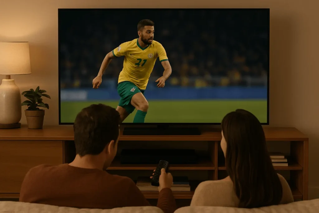 Casal sentado em um sofá assistindo a uma partida de futebol na televisão no UniTV em uma sala de estar aconchegante.