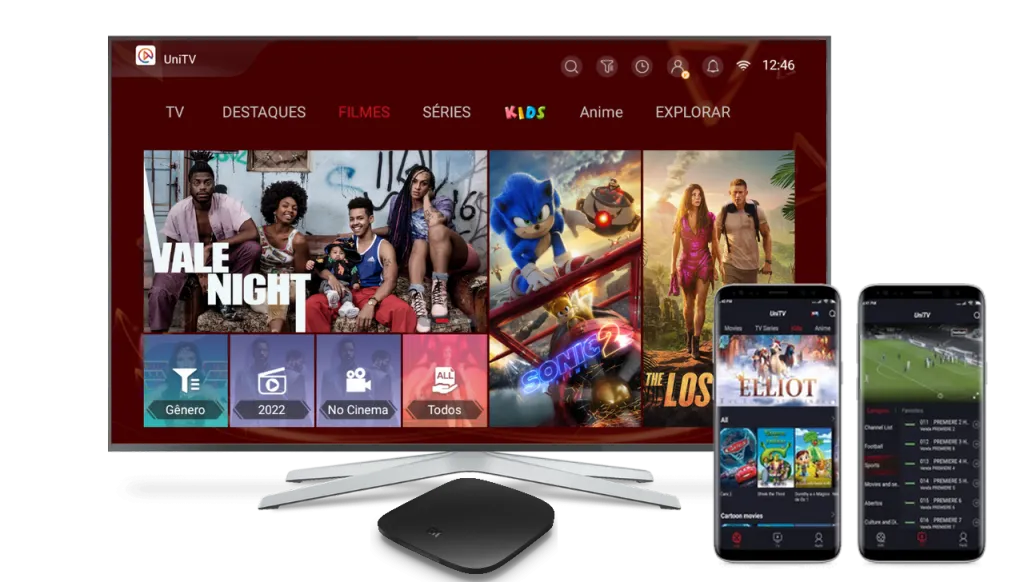 Interface do aplicativo UniTV exibida em uma smart TV com menu de navegação (TV, Destaques, Filmes, Séries, Kids, Anime e Explorar), destaque para filmes como Vale Night e Sonic 2, além de visualização do app em dois smartphones mostrando catálogo de filmes e transmissão de futebol ao vivo. recarga unitv